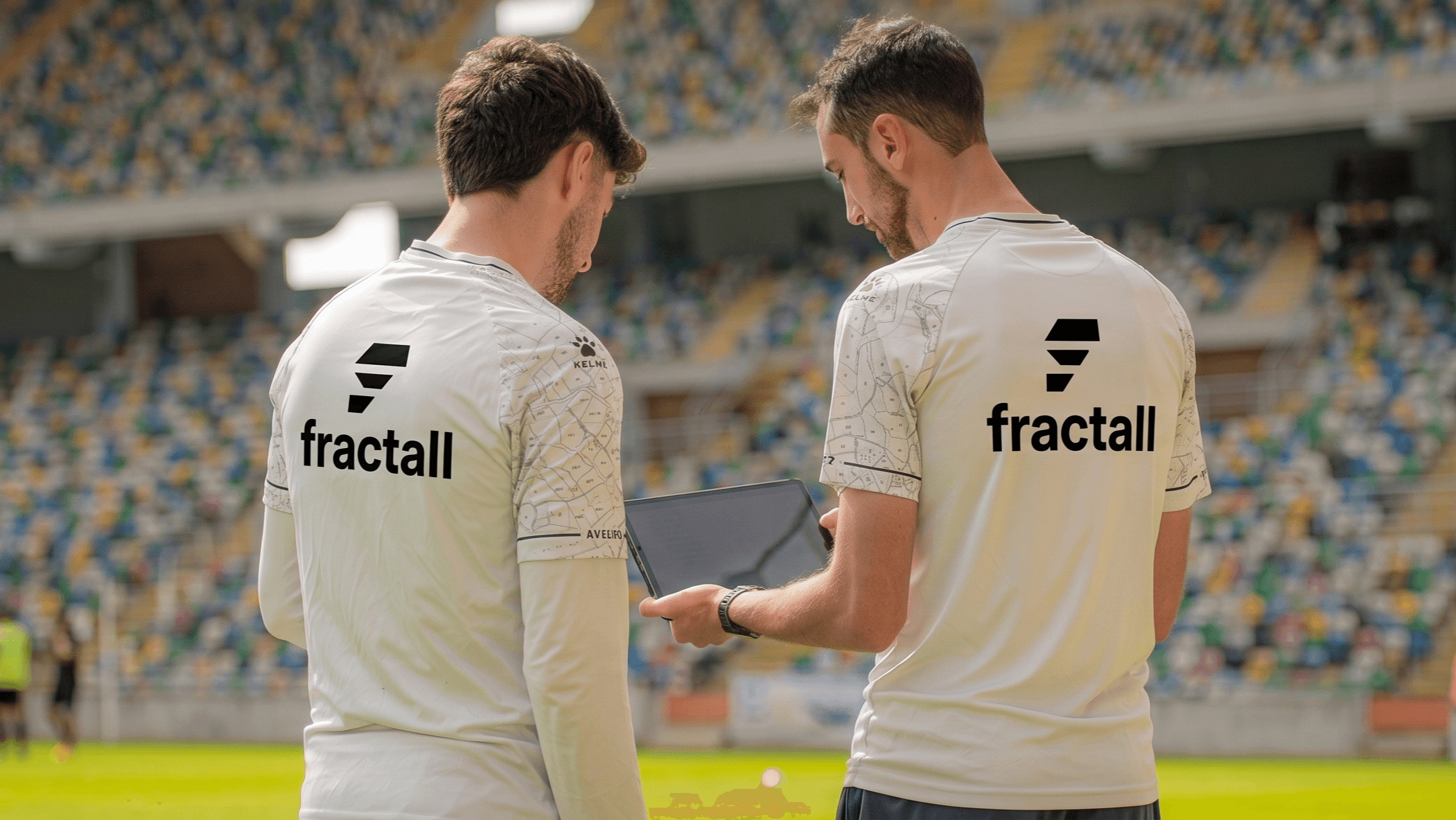 Guy Sauce et un autre entraîneur portant des t-shirts Fractall, en train d'analyser des données athlètes sur une tablette dans un stade de football