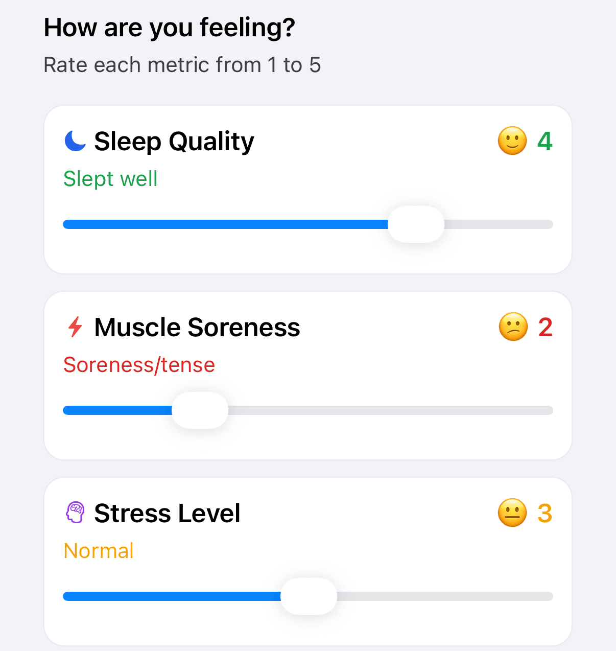 Fractall mobile app wellness screen titled How are you feeling?, asking the player to rate each metric from 1 to 5. Sleep quality is set to 4, Slept well; muscle soreness to 2, Soreness/tense; stress to 3, Normal.