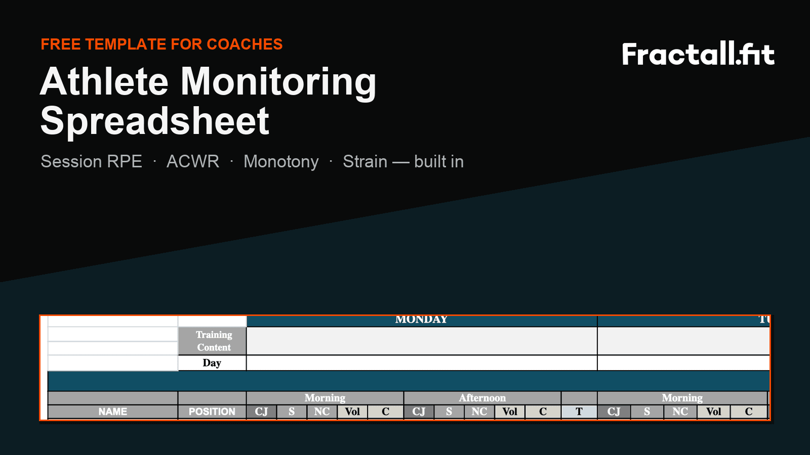 Fractall athlete monitoring spreadsheet template showing per-athlete RPE, session load, and weekly columns for ACWR, monotony, and strain.