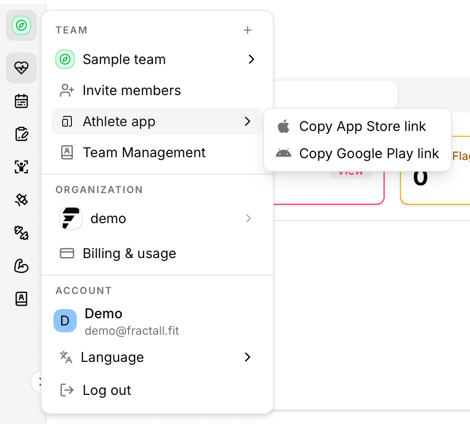 Workspace menu Athlete app submenu with Copy App Store link and Copy Google Play link