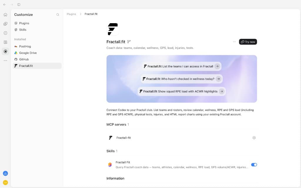 Fractall.fit plugin page in Codex showing skills and example coach prompts