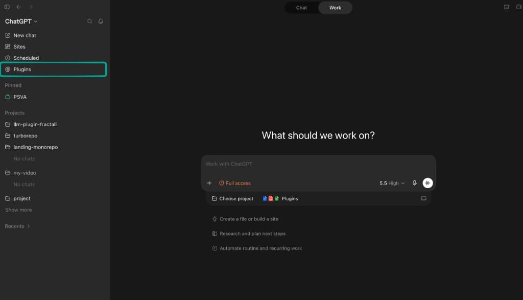 ChatGPT Desktop Work home with Plugins highlighted in the left sidebar.