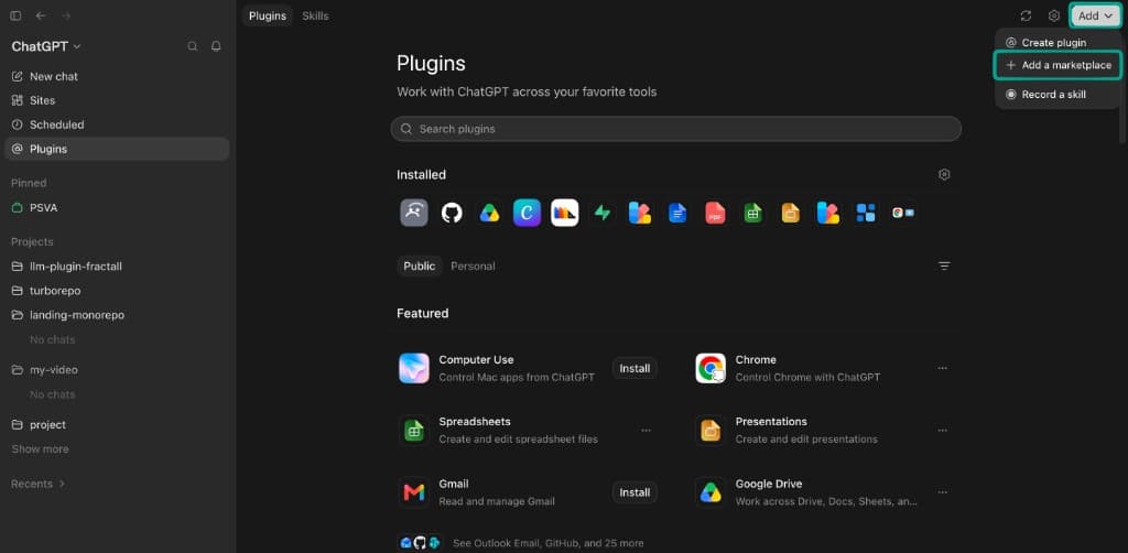 Plugins page with Add menu open and Add a marketplace highlighted.