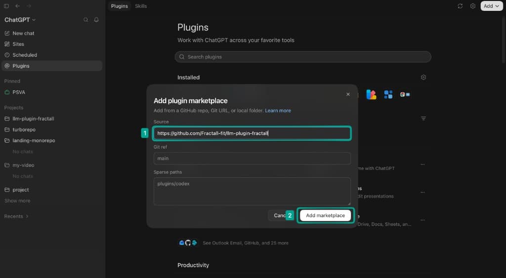 Add plugin marketplace dialog with Fractall GitHub source and Add marketplace highlighted.