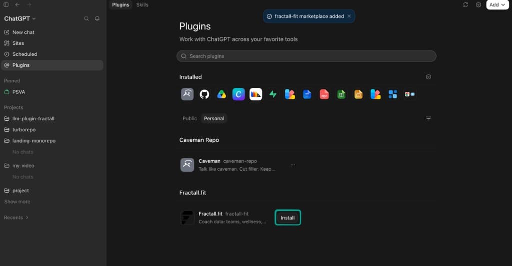 Personal plugins list with Fractall.fit Install button highlighted.