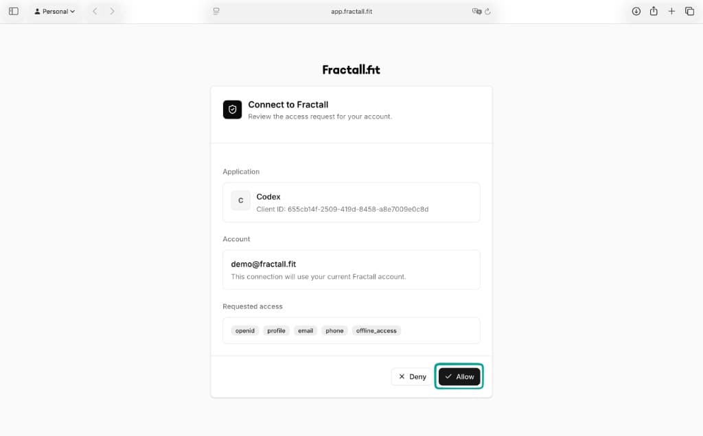 Connect to Fractall authorization screen with Allow highlighted.