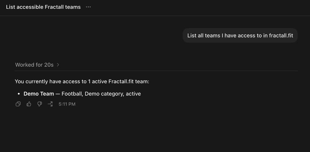 ChatGPT reply listing Demo Team from Fractall.fit after a successful connection.