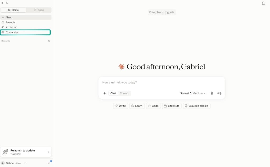 Claude Desktop home screen with Customize highlighted in the left sidebar.