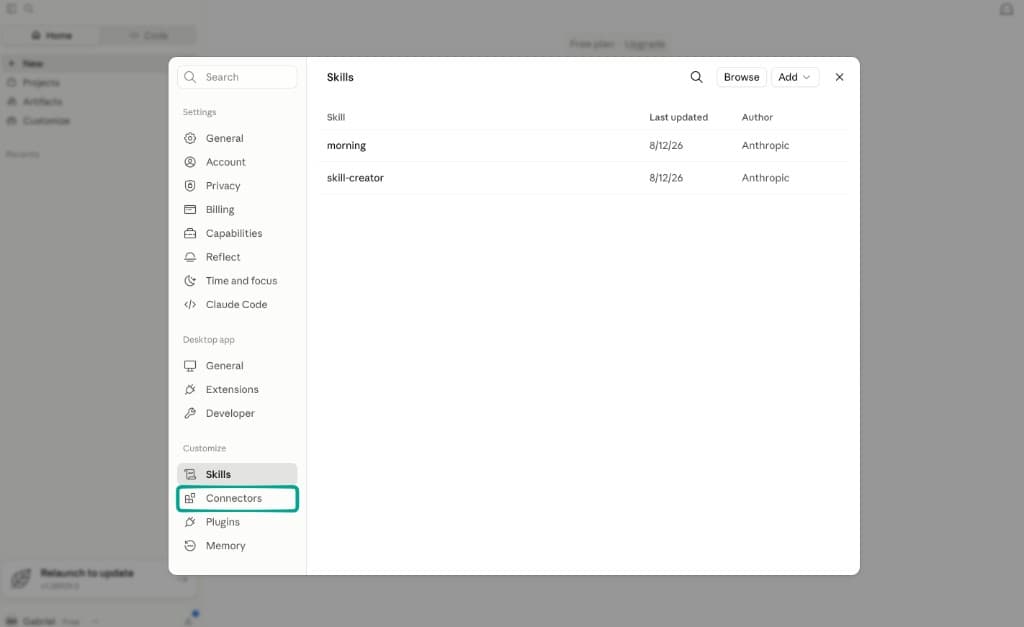 Claude settings with Connectors highlighted under Customize.