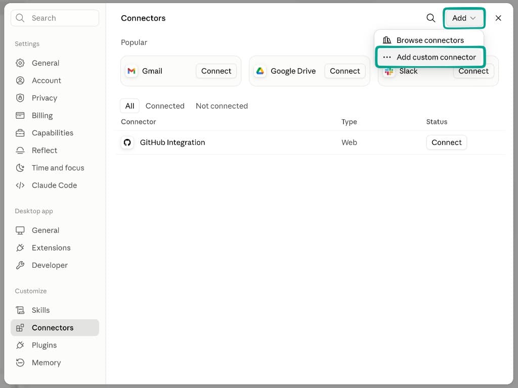 Connectors page with Add menu open and Add custom connector highlighted.