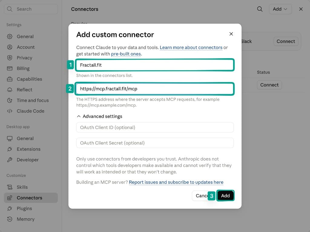 Add custom connector dialog with Fractall.fit name, MCP URL, and Add button numbered.