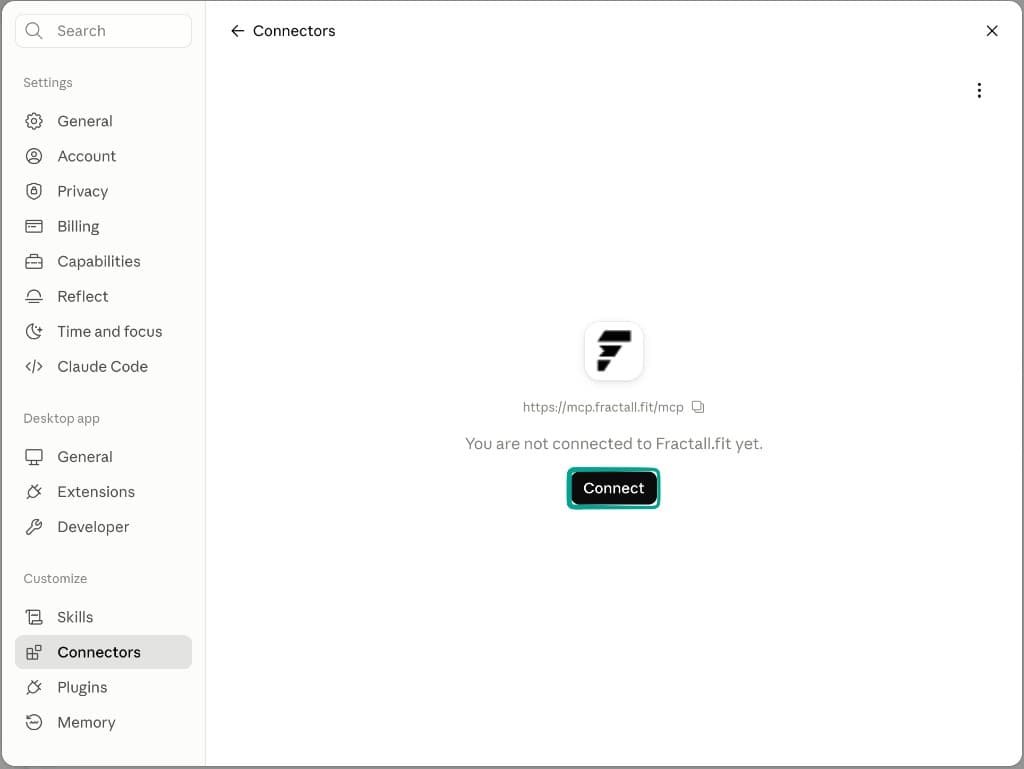 Fractall.fit connector screen showing Connect button before authentication.