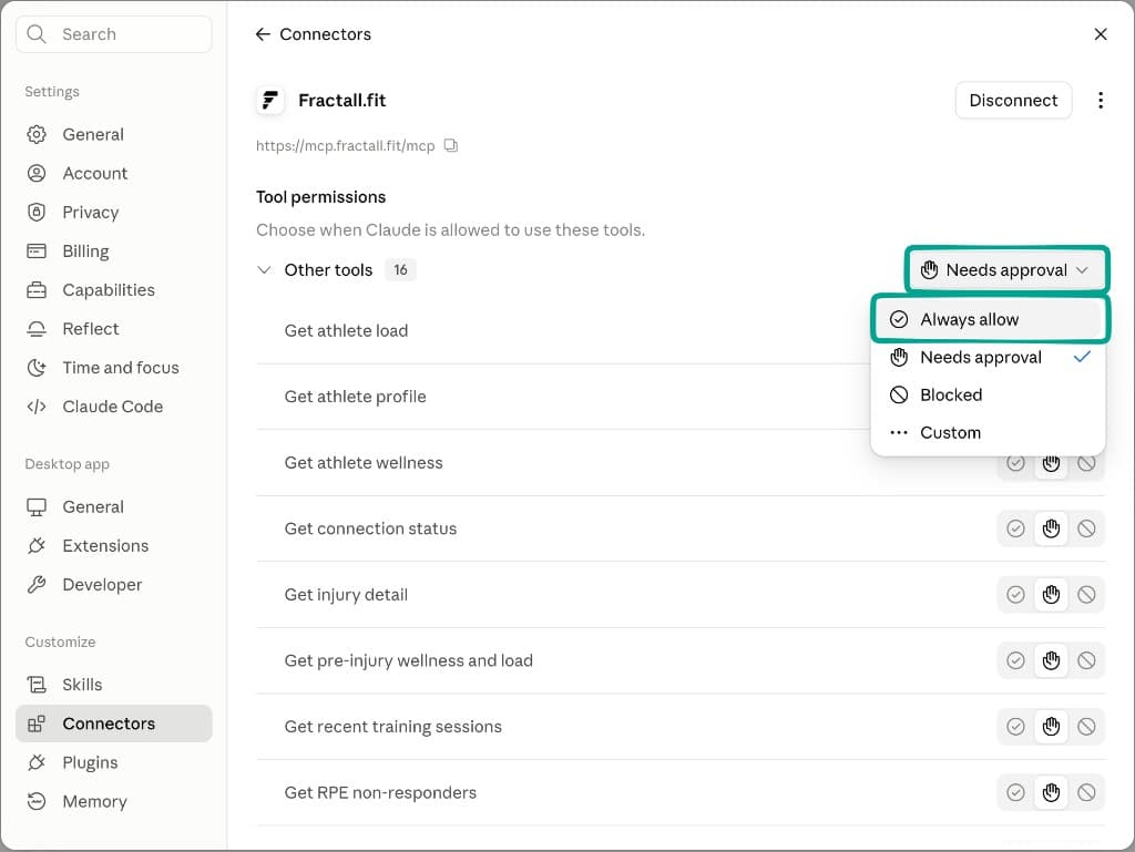 Fractall.fit tool permissions with Always allow highlighted in the dropdown.