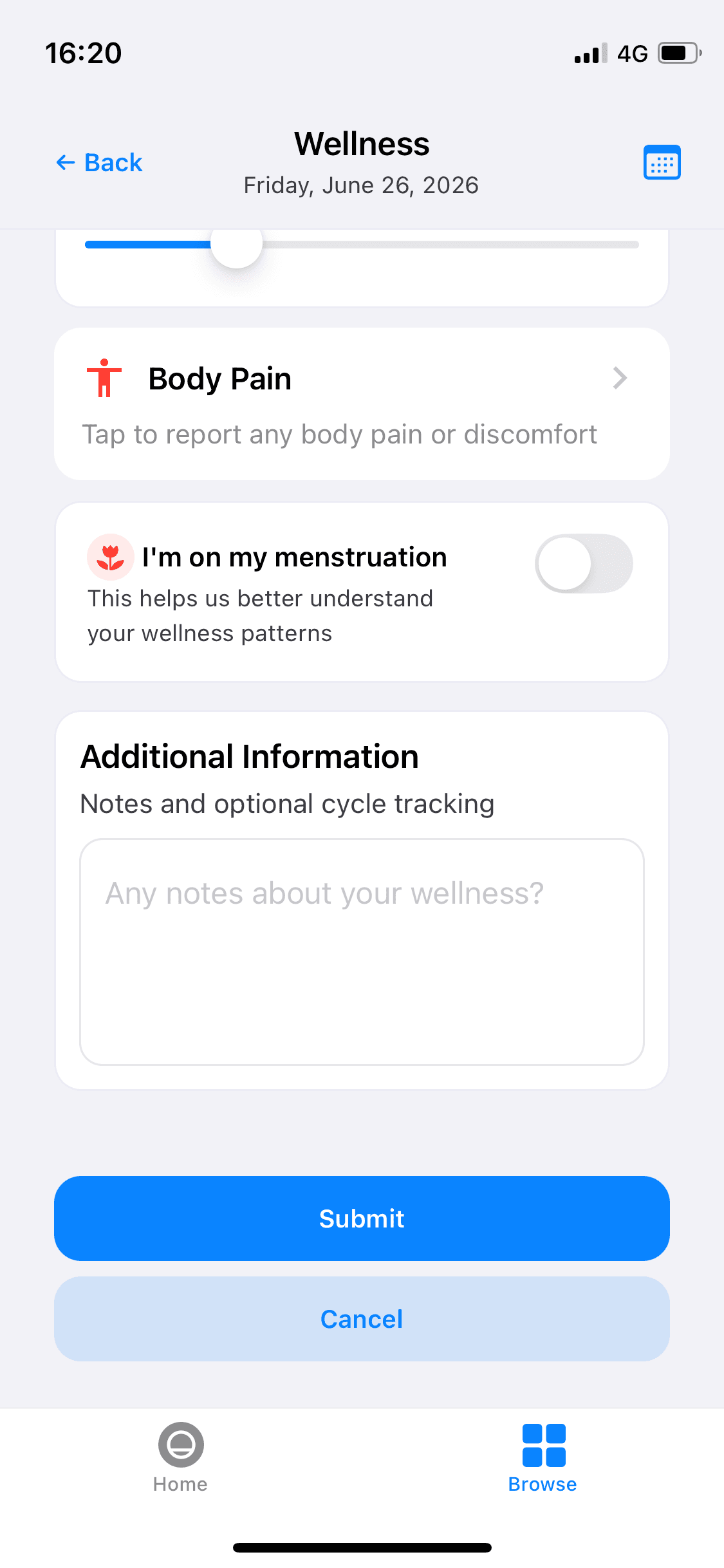 Mobile wellness form showing body pain entry, menstrual cycle toggle, and notes field.