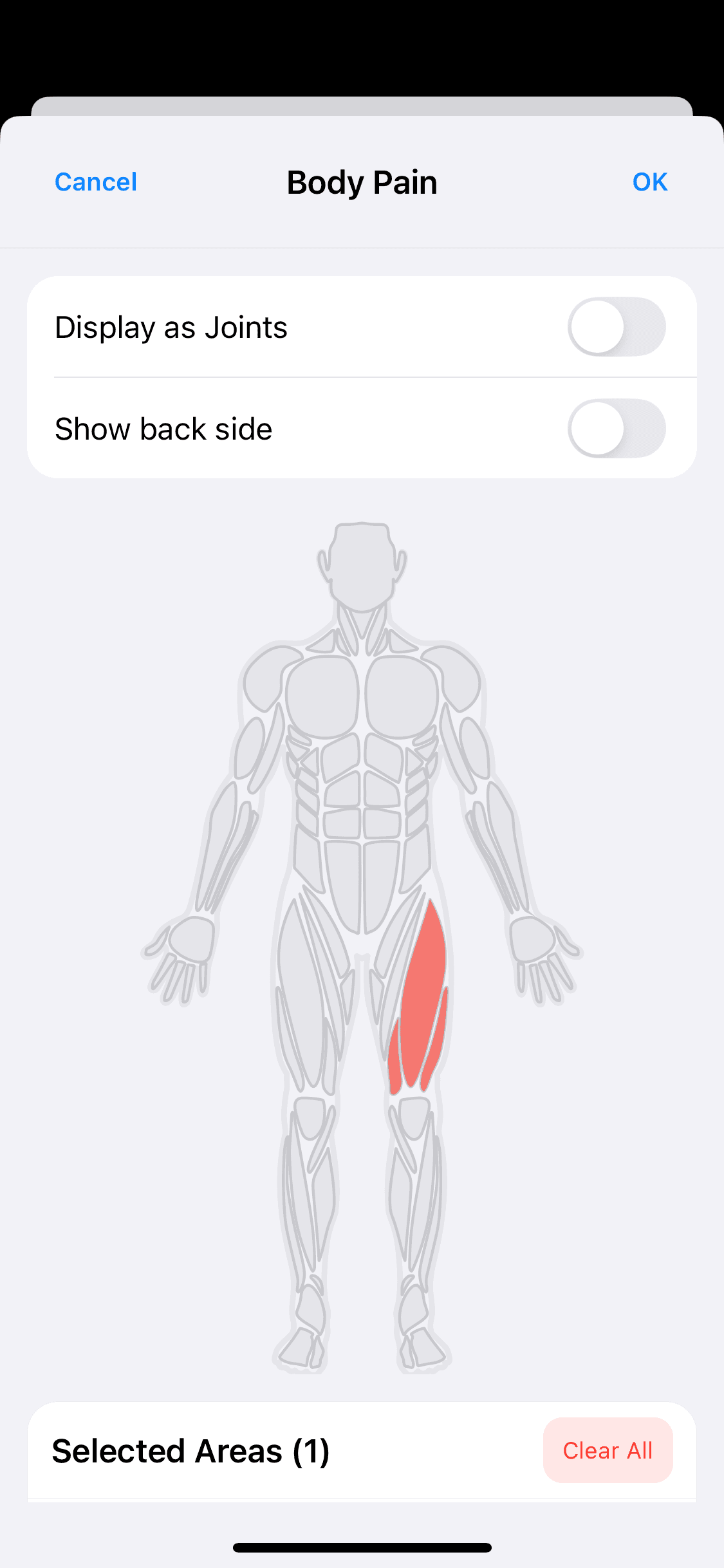 Mobile body pain map for selecting affected body areas during wellness check-in.