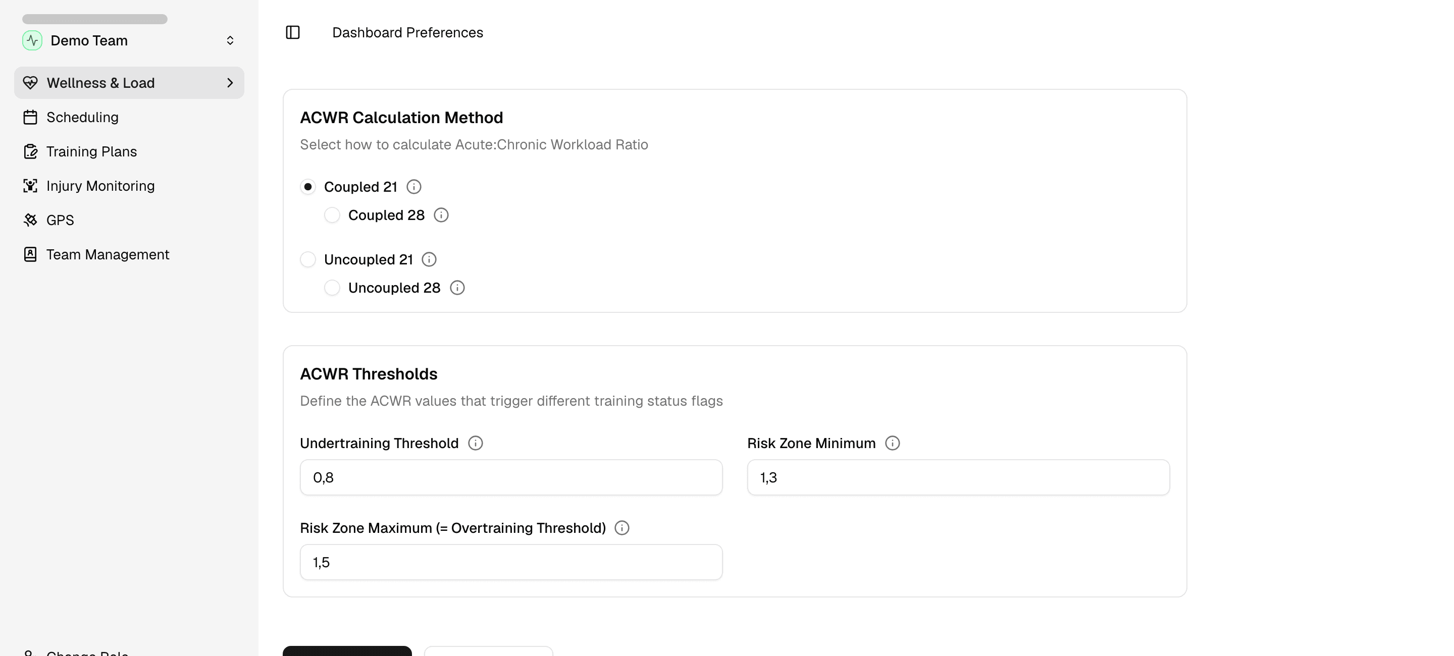 Dashboard Preferences page with ACWR calculation method options and threshold fields.