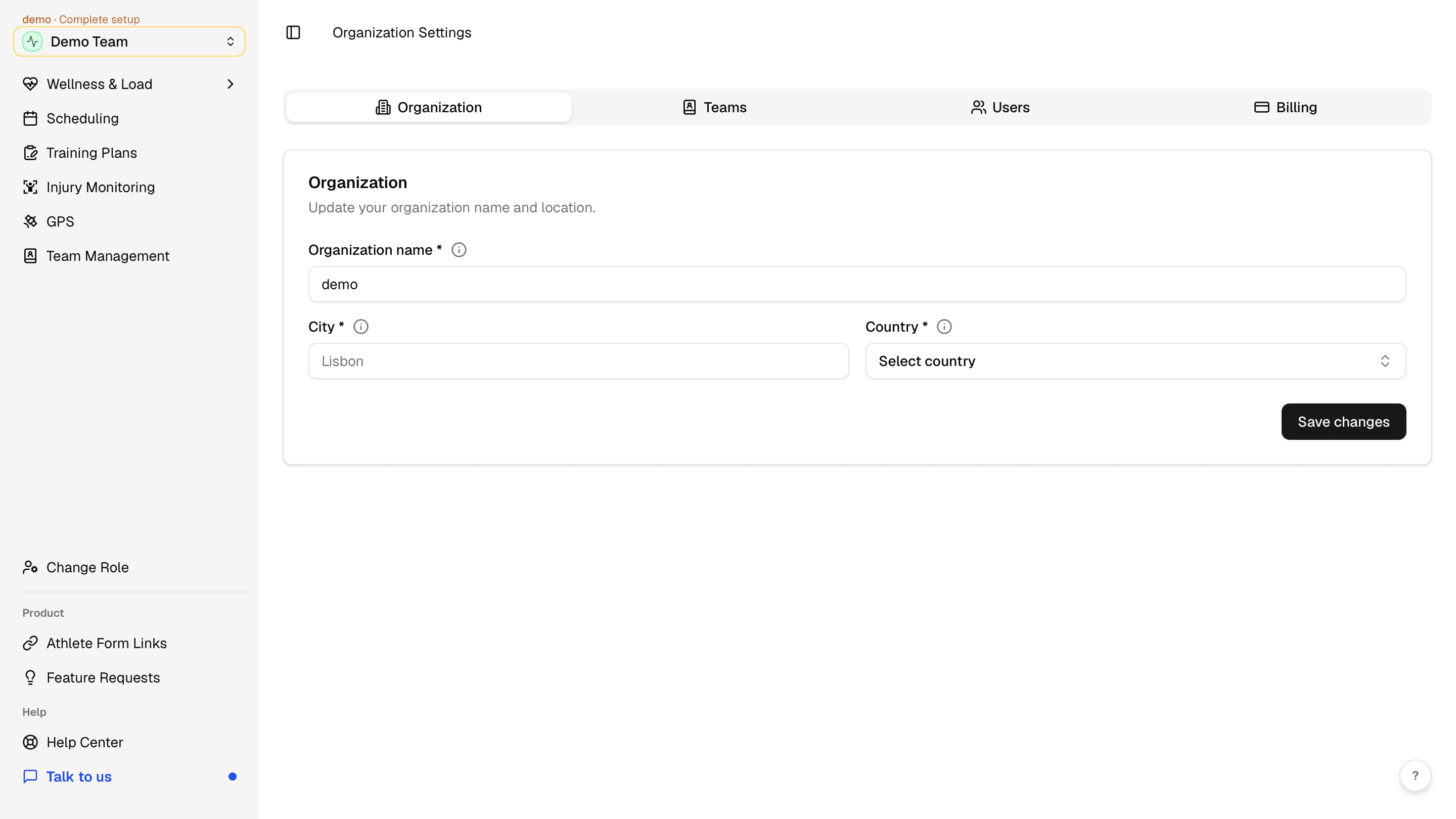 Organization Settings form with name, city, and country fields.