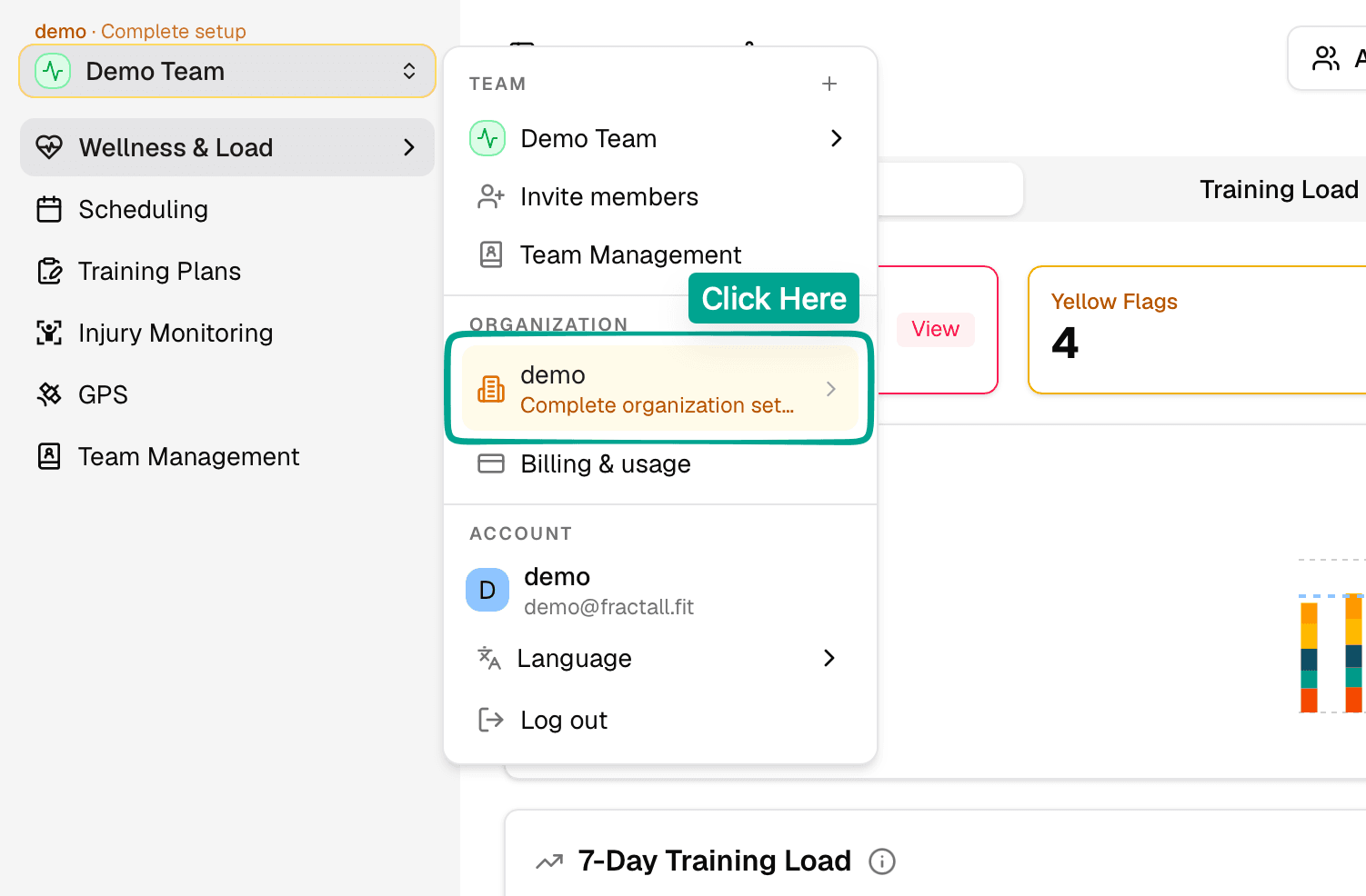 Workspace menu open with the organization entry highlighted.