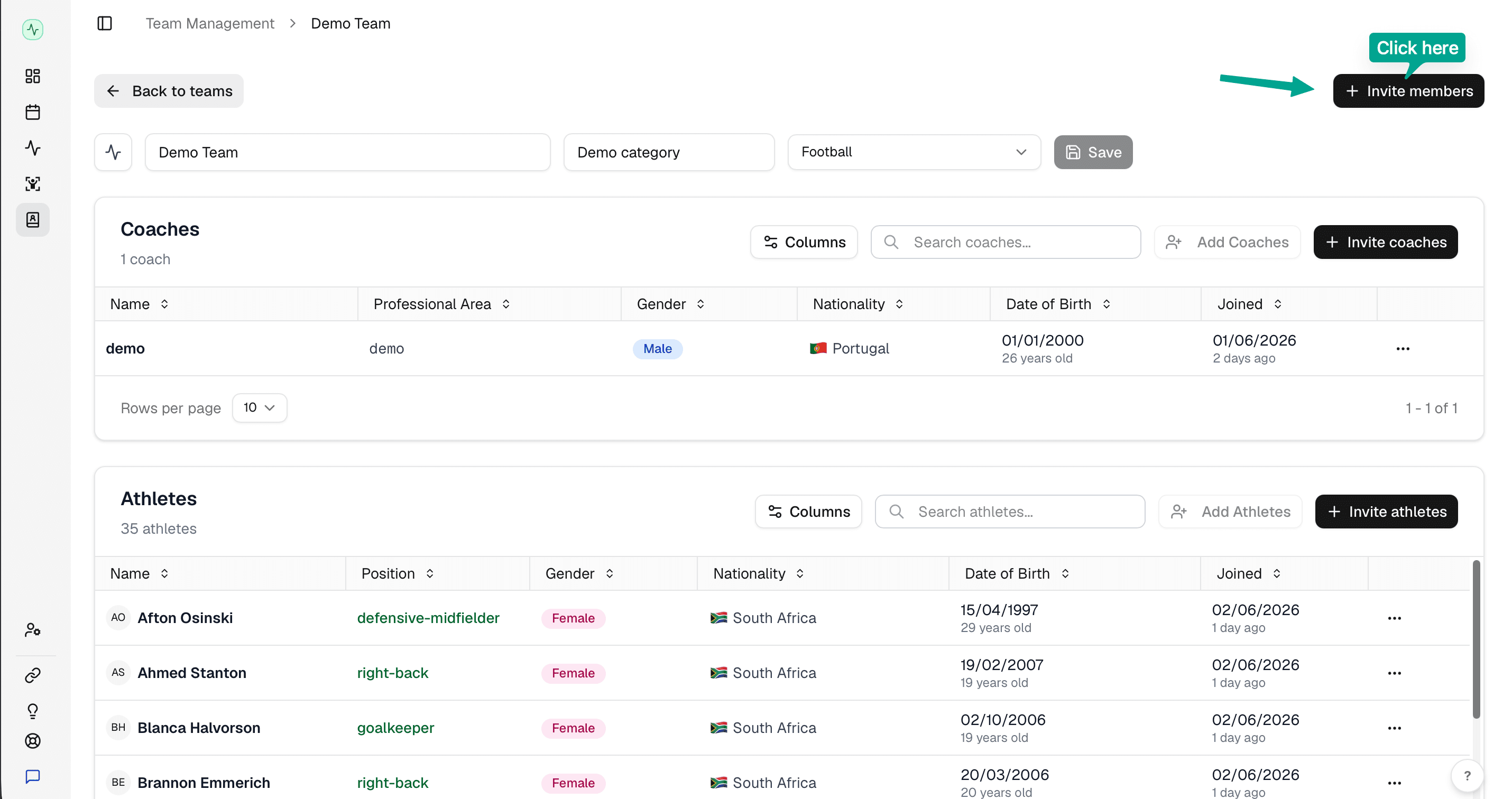 Team Management page with the Invite members button in the top right.