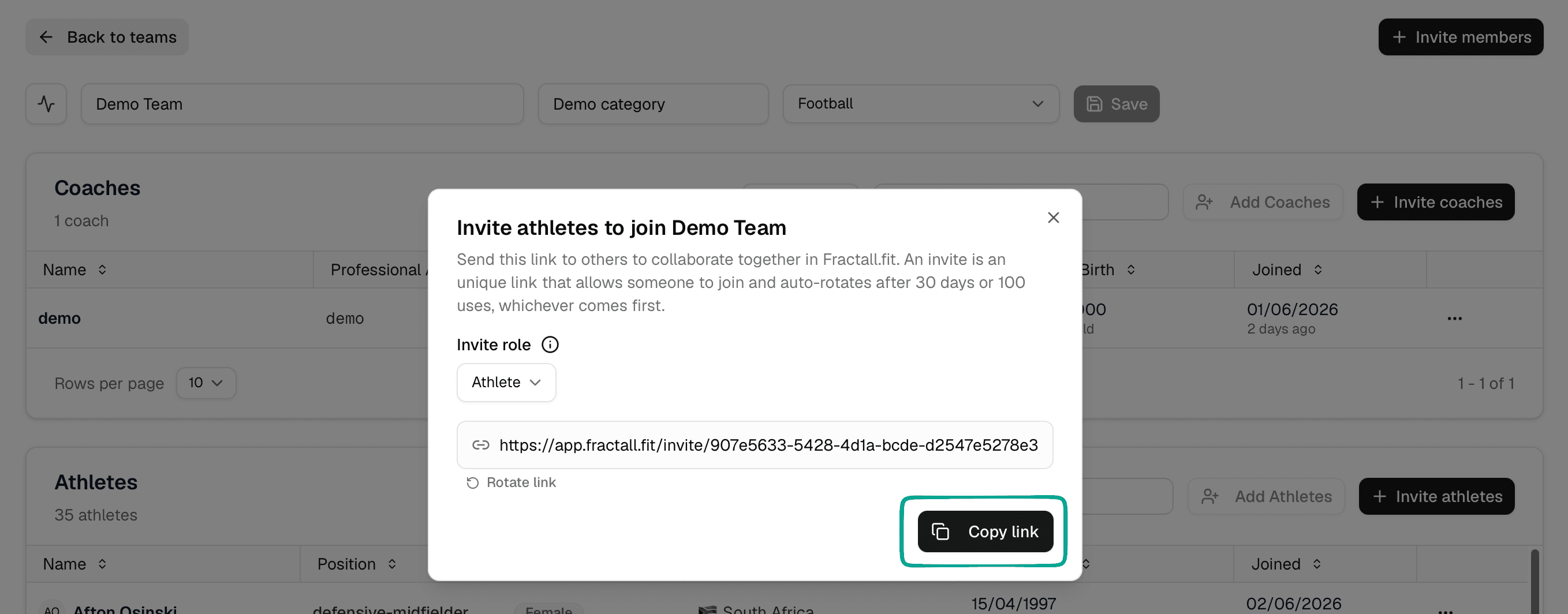Invite dialog showing Athlete role selected and a copy link button.