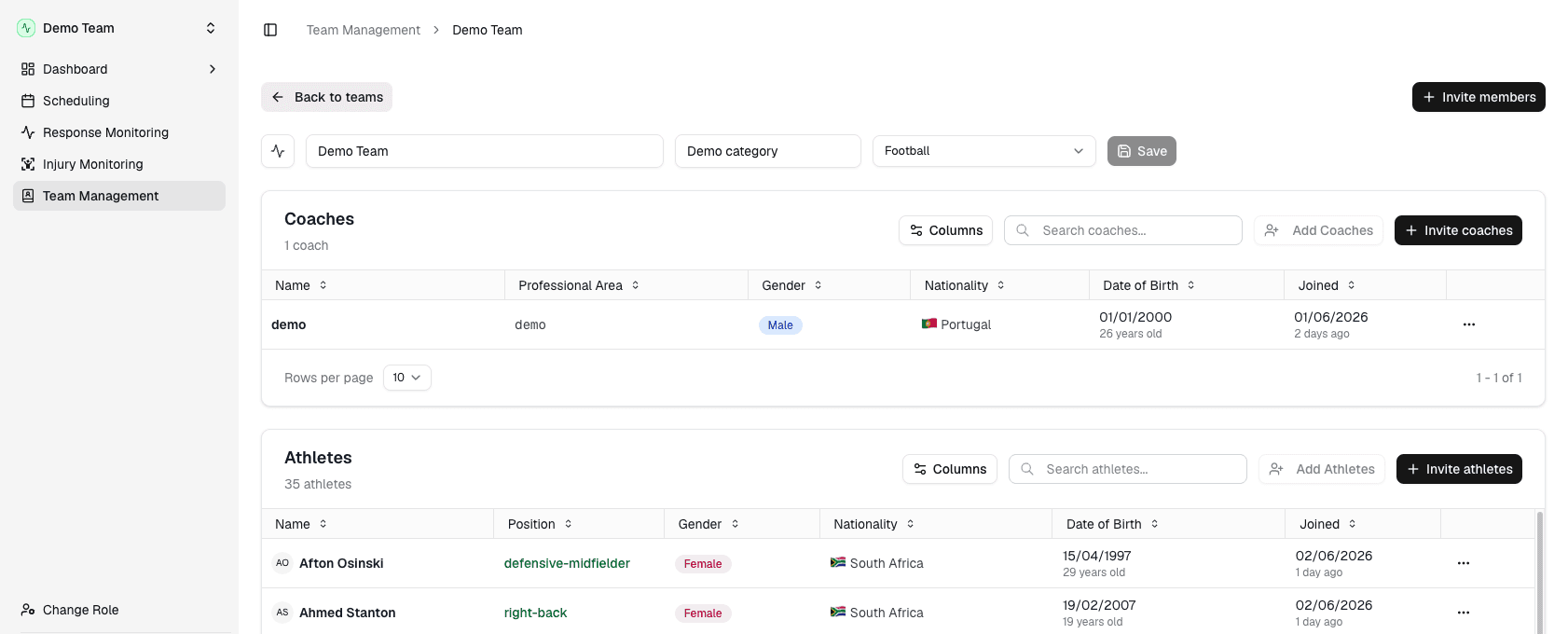 Team Management page showing team settings, coaches, and athletes for the active team.