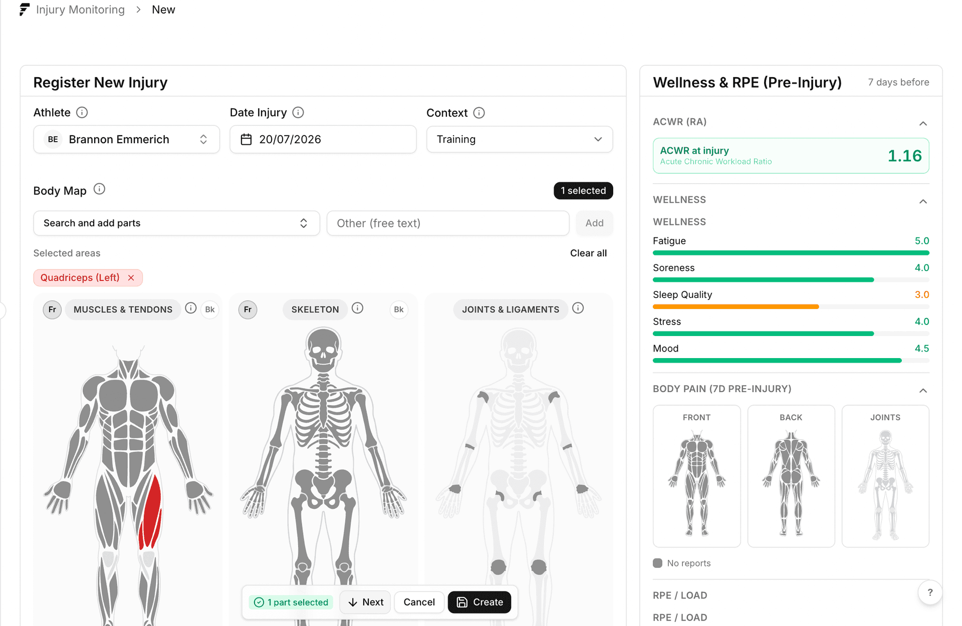Fractall register new injury form with athlete, date and context fields, a layered body map, and the pre-injury wellness and RPE panel beside it