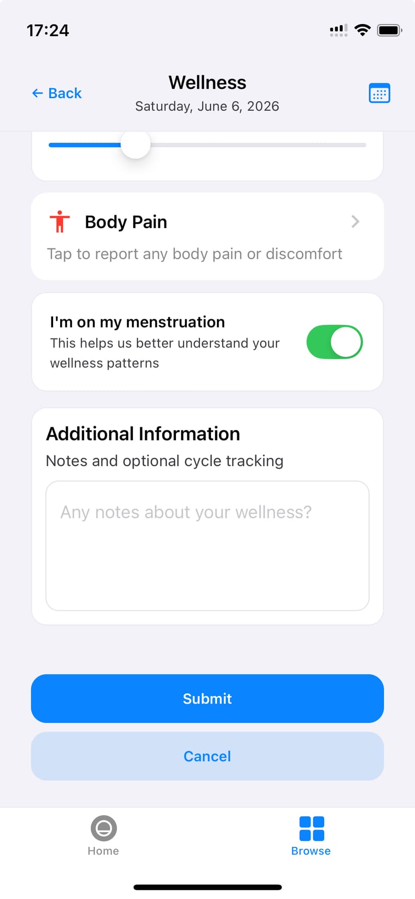 Fractall mobile app: the 'I'm on my menstruation' toggle at the bottom of the daily wellness check-in