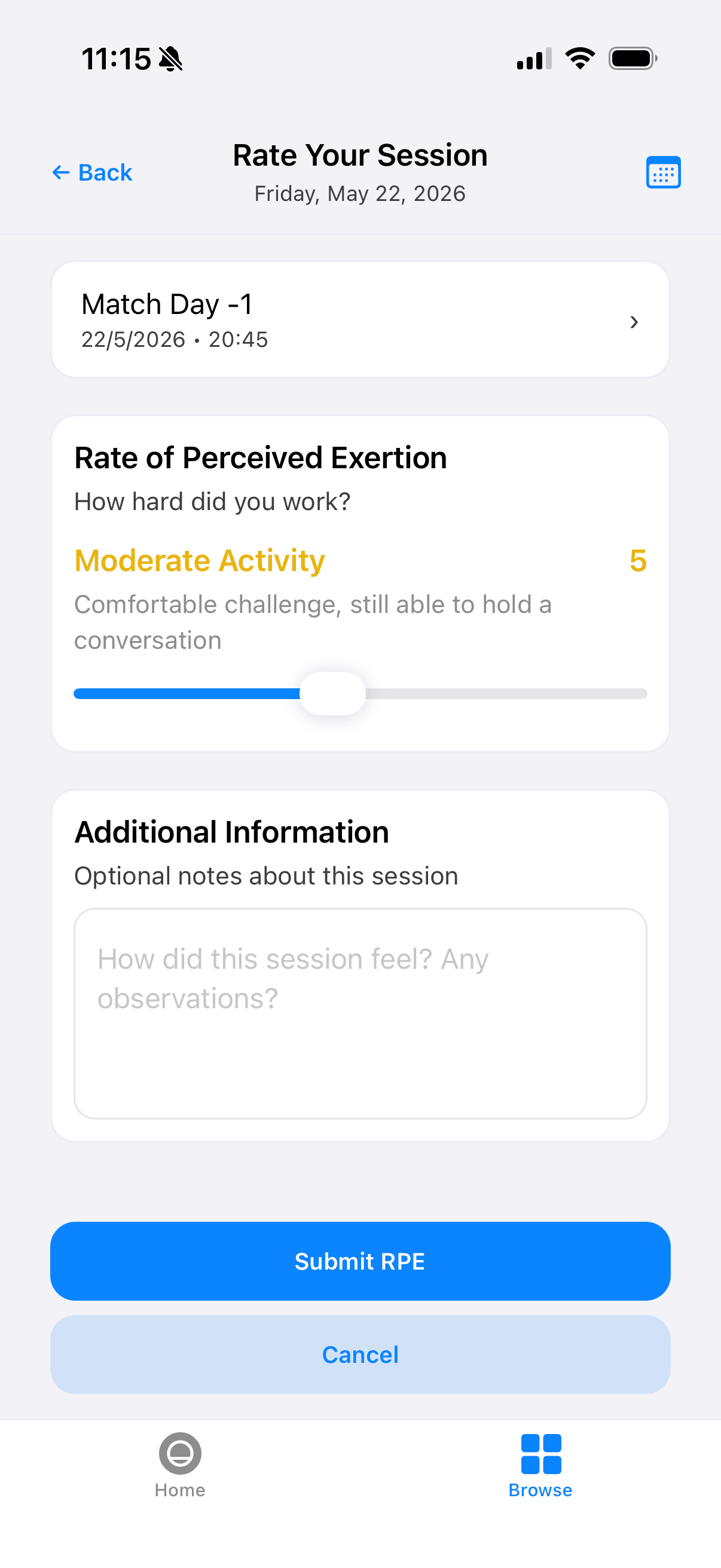 Mobile Rate Your Session screen with session selector, RPE slider, and notes field.