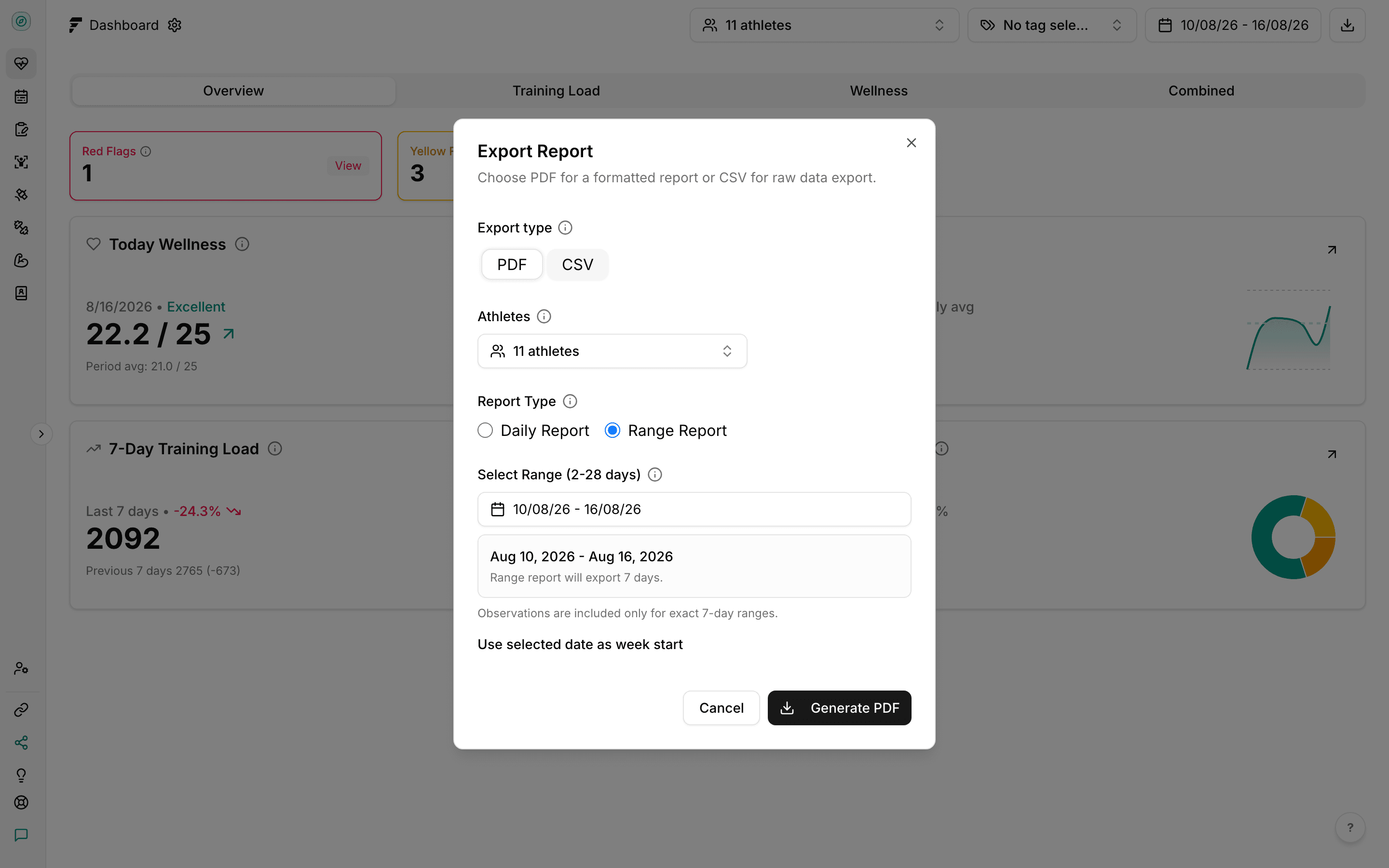 Fractall Export Report dialog set to a PDF range report, with the Generate PDF button that creates the share link