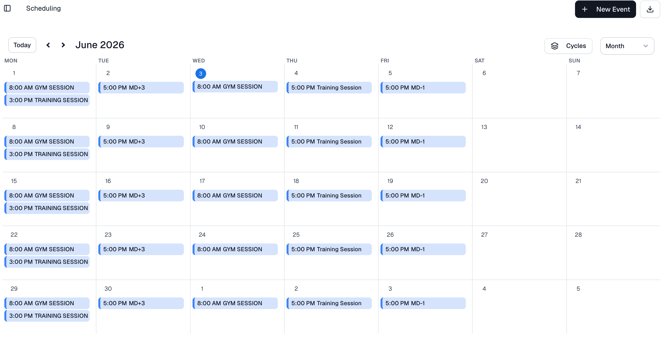 Fractall session scheduling dashboard — monthly training calendar showing gym sessions and match-day training blocks assigned across the squad