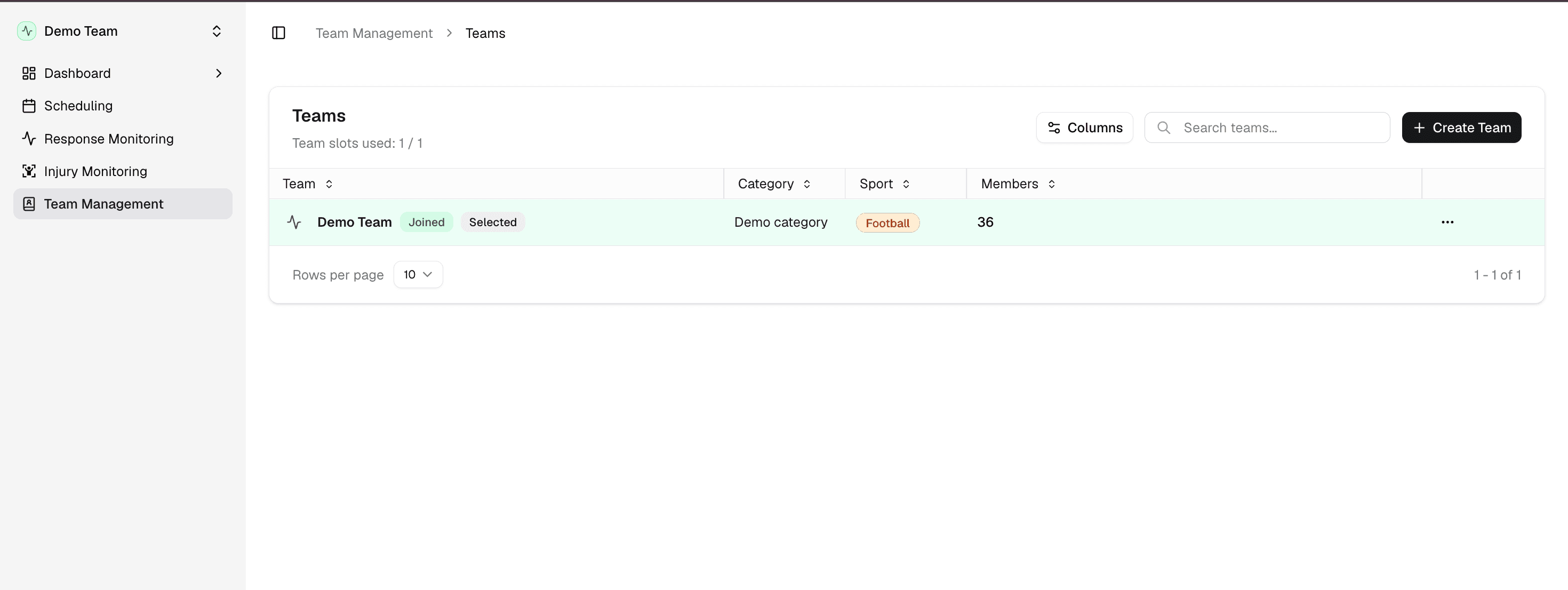 Fractall team management dashboard — teams list showing team name, category, sport type, and member count with team slots used indicator and Create Team button