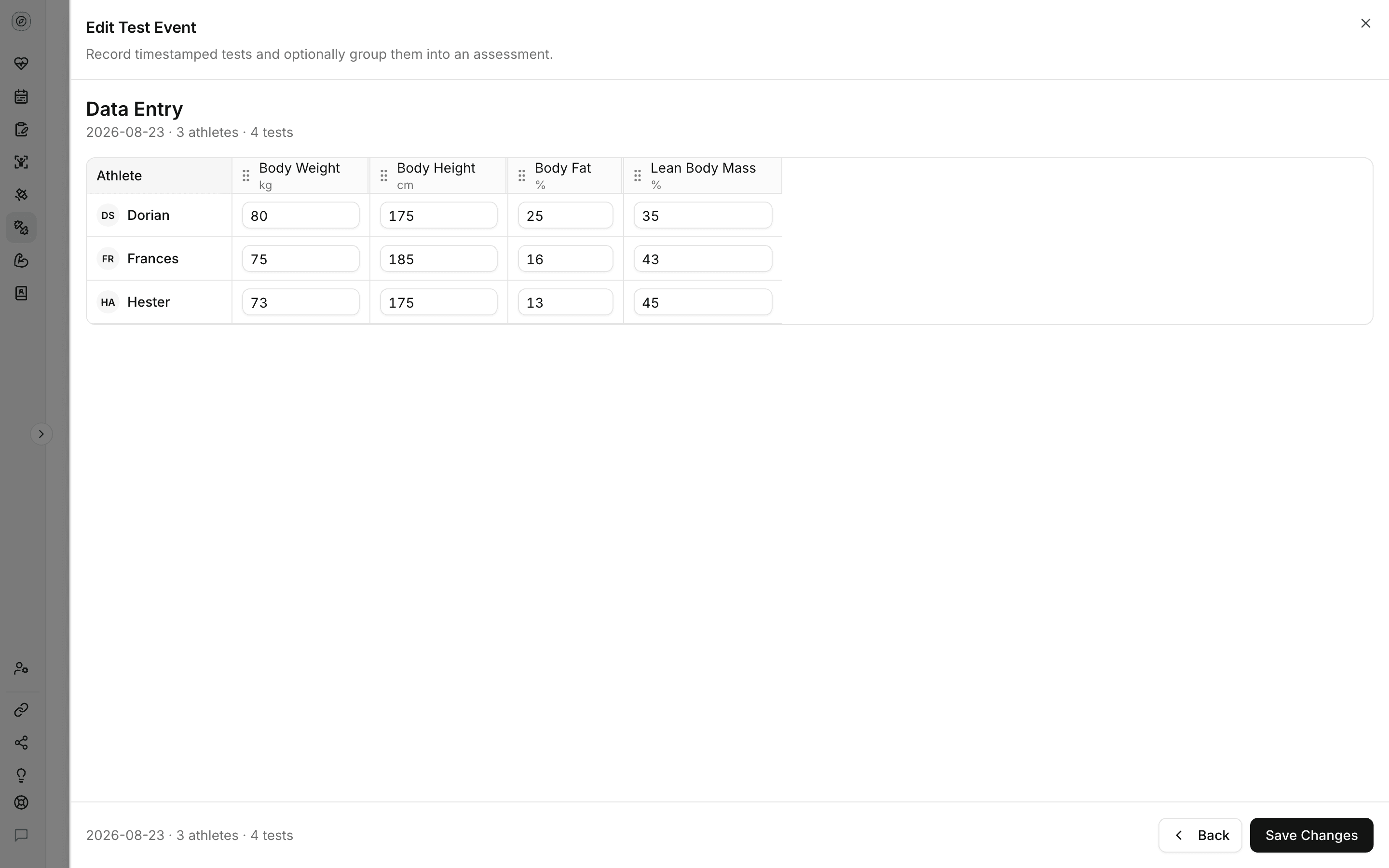 Fractall test entry grid with athletes down the side and body weight, height, body fat and lean mass across the top