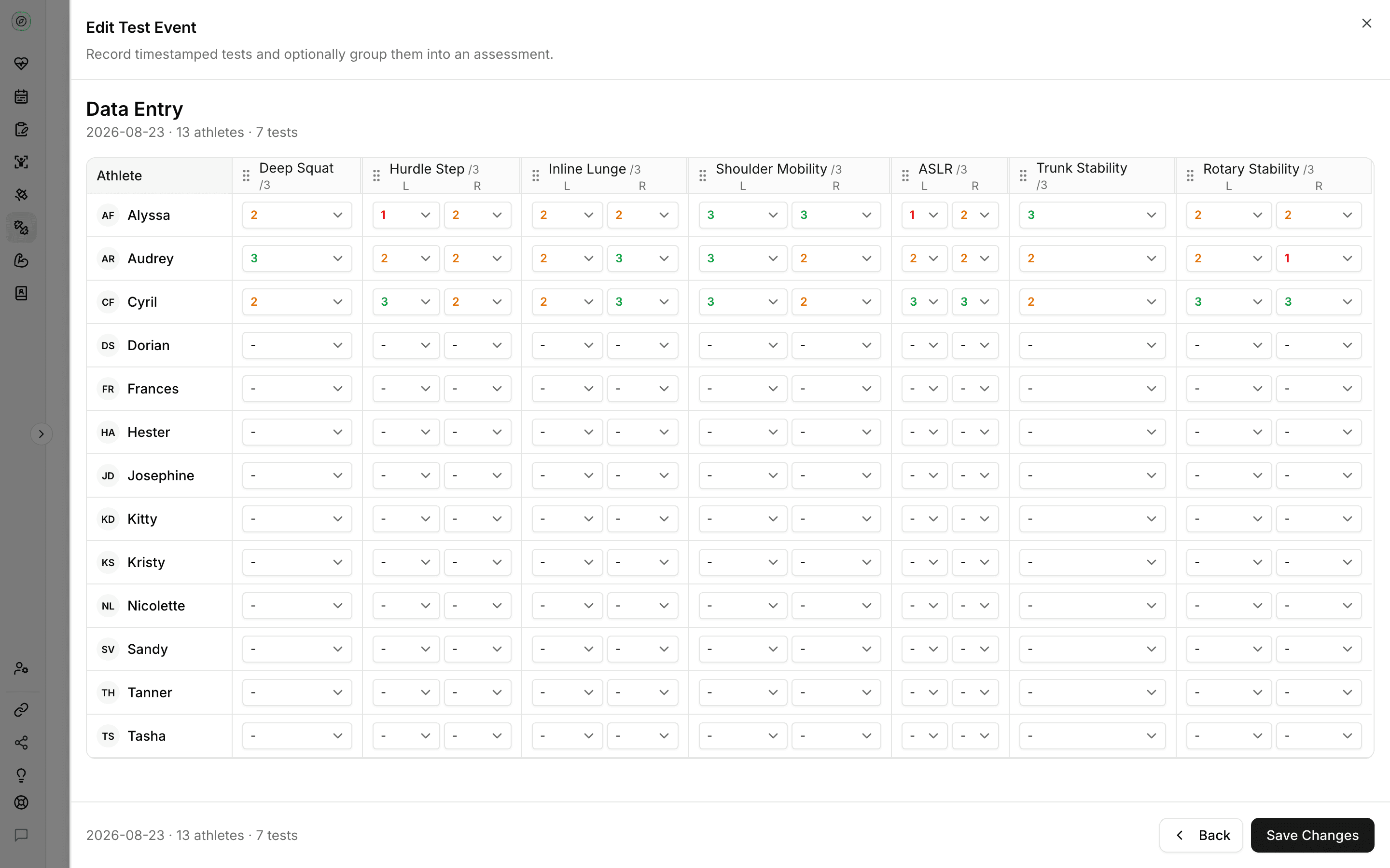 Fractall test entry grid with athletes down the side and the seven FMS items across the top, each a 0 to 3 dropdown with left and right columns