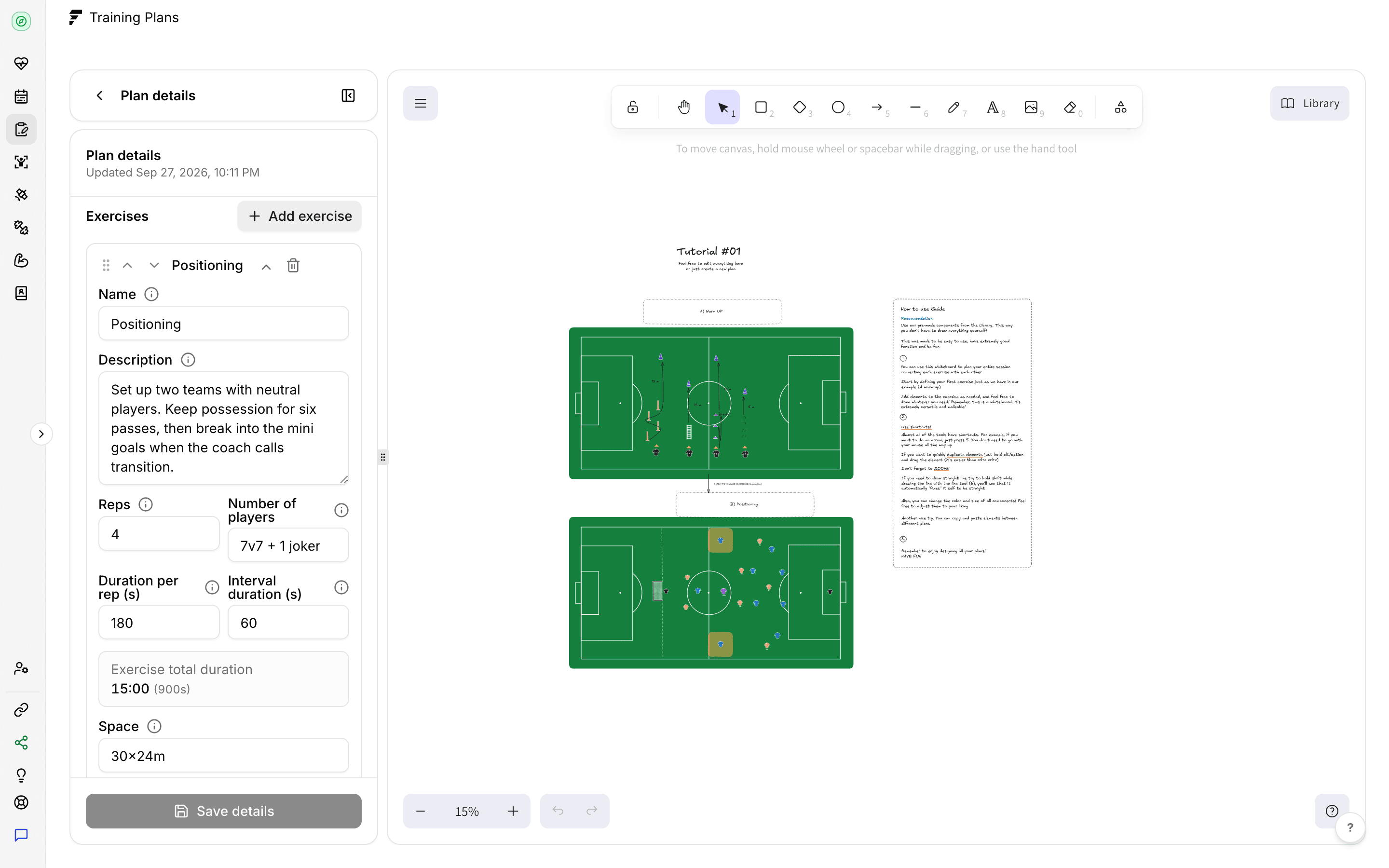 Fractall training plan editor with an exercise open showing reps, players, time per rep, interval, total duration and space, next to the drawn pitch board