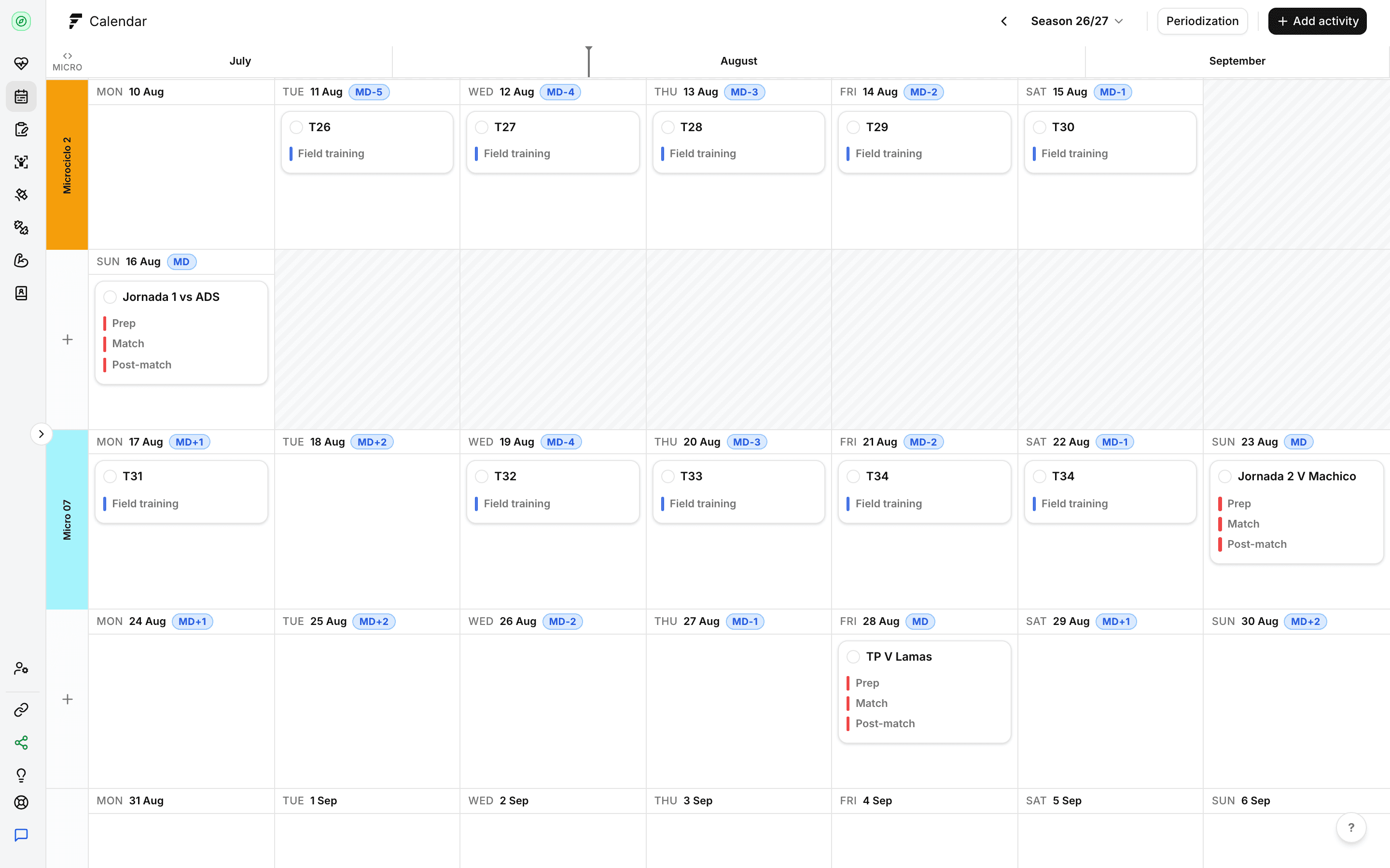Fractall season calendar across three weeks, with a microcycle lane, training and match activities, and an MD label on every day from MD-5 to MD+2