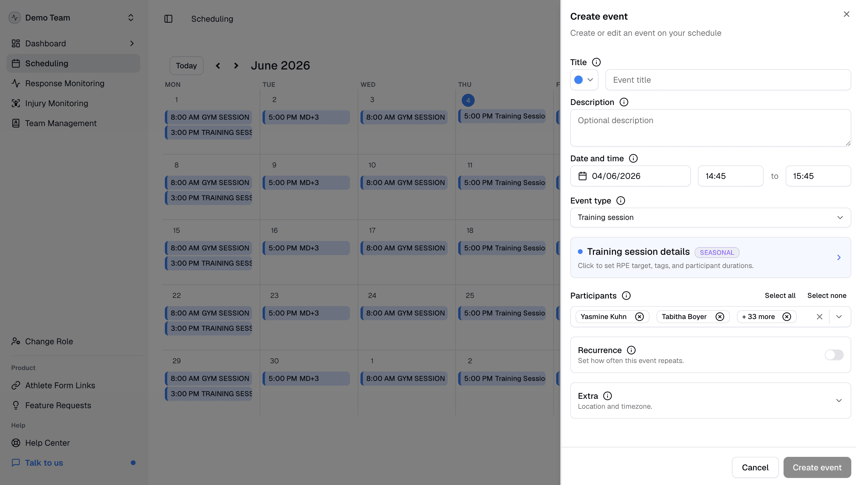 Scheduling calendar with training events and microcycle labels.