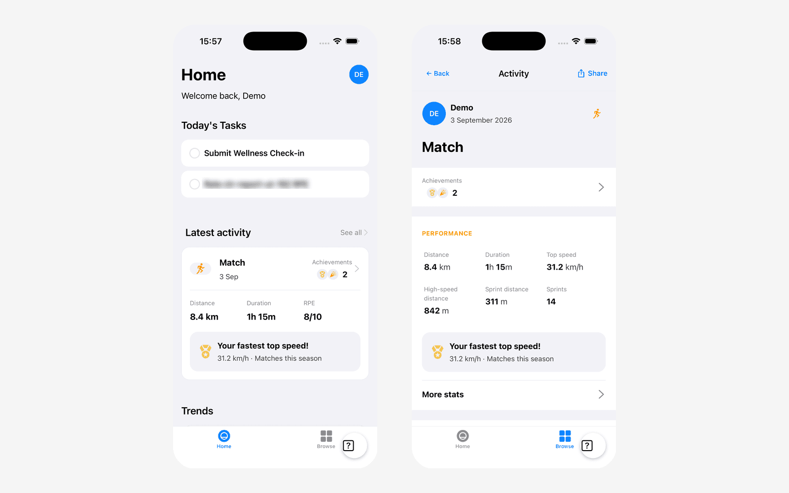 Two screens of the Fractall athlete app side by side: a home screen listing the day's wellness and RPE tasks, and a session view returning the athlete's distance, duration, top speed and sprint count.