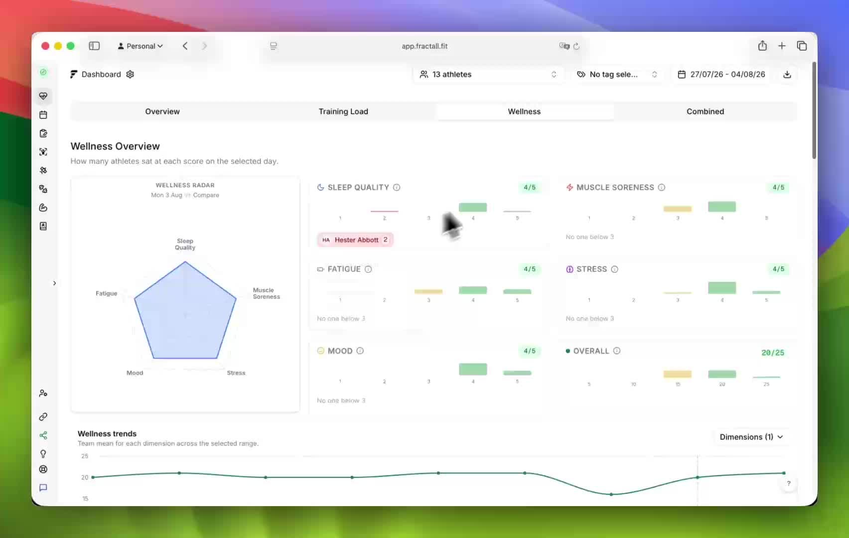 Wellness tab overview with a central radar chart and dimension cards for the team