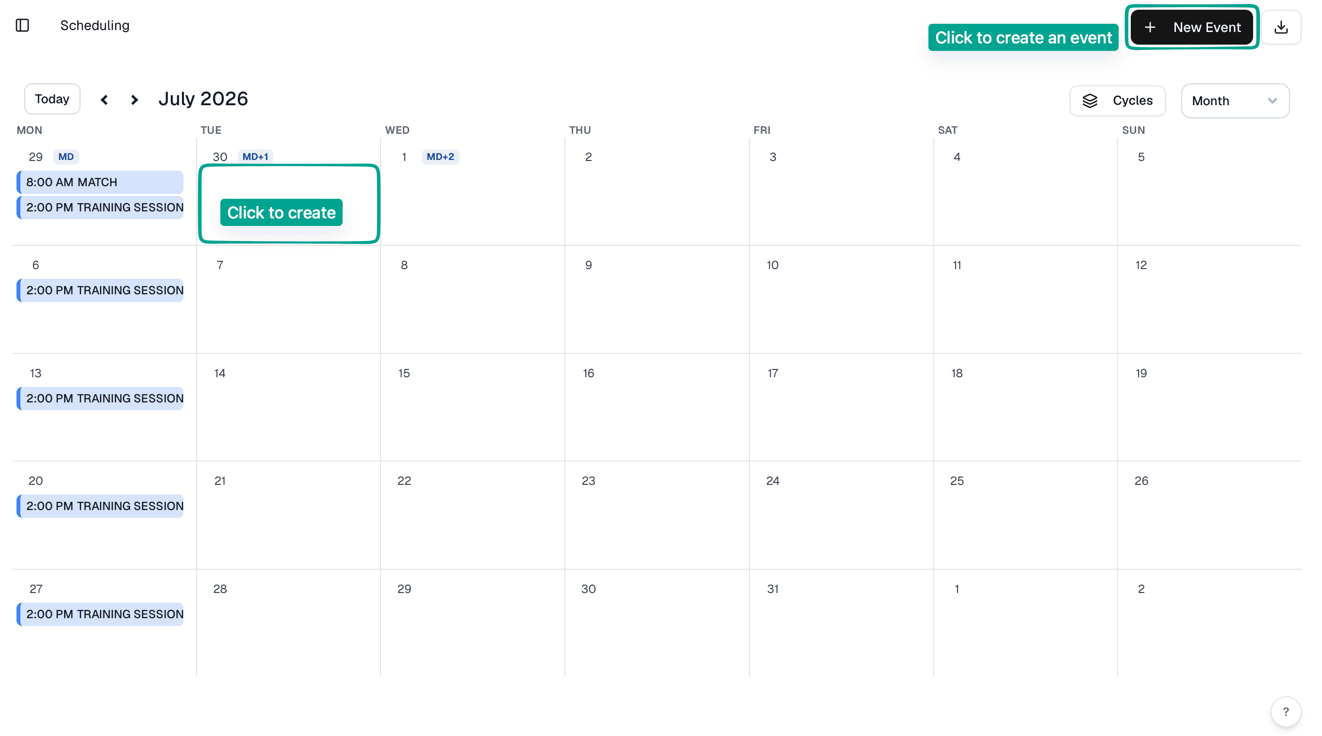 Month calendar with a selected day for creating an event.
