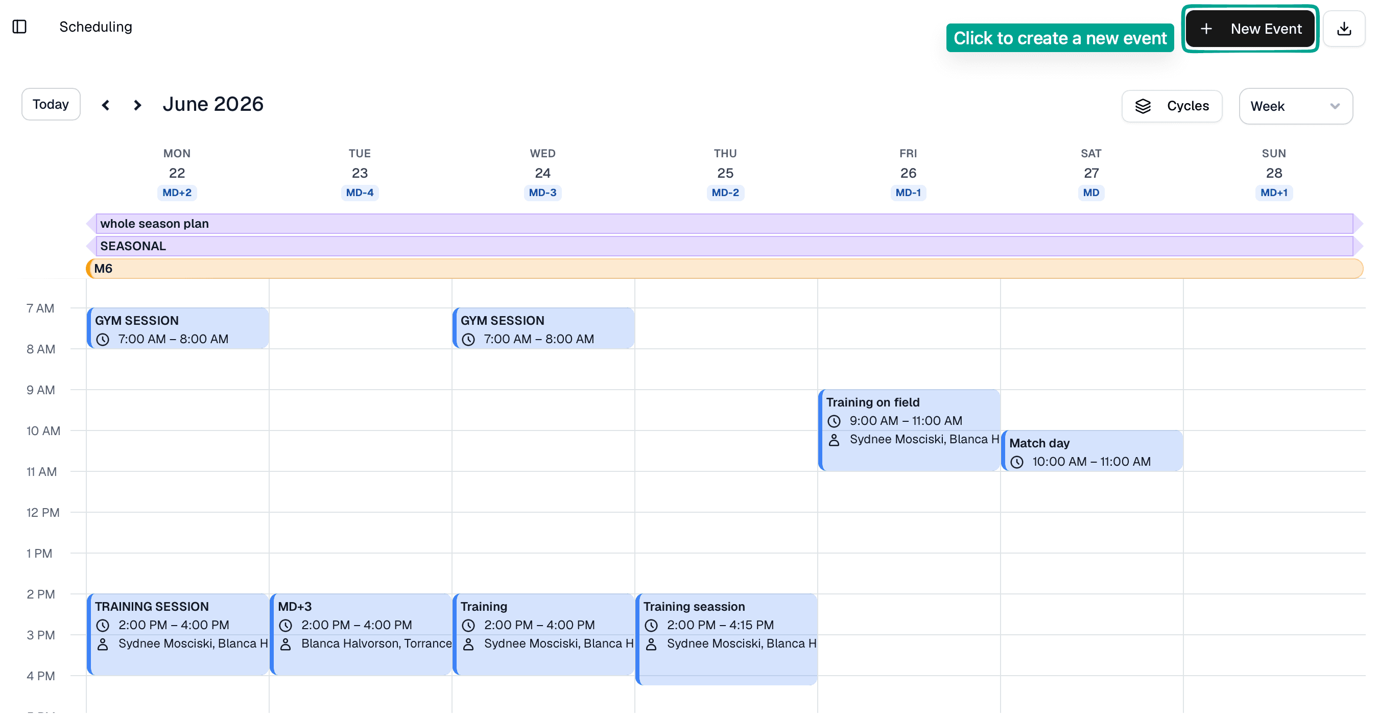 Week calendar with a clicked time slot for creating an event.