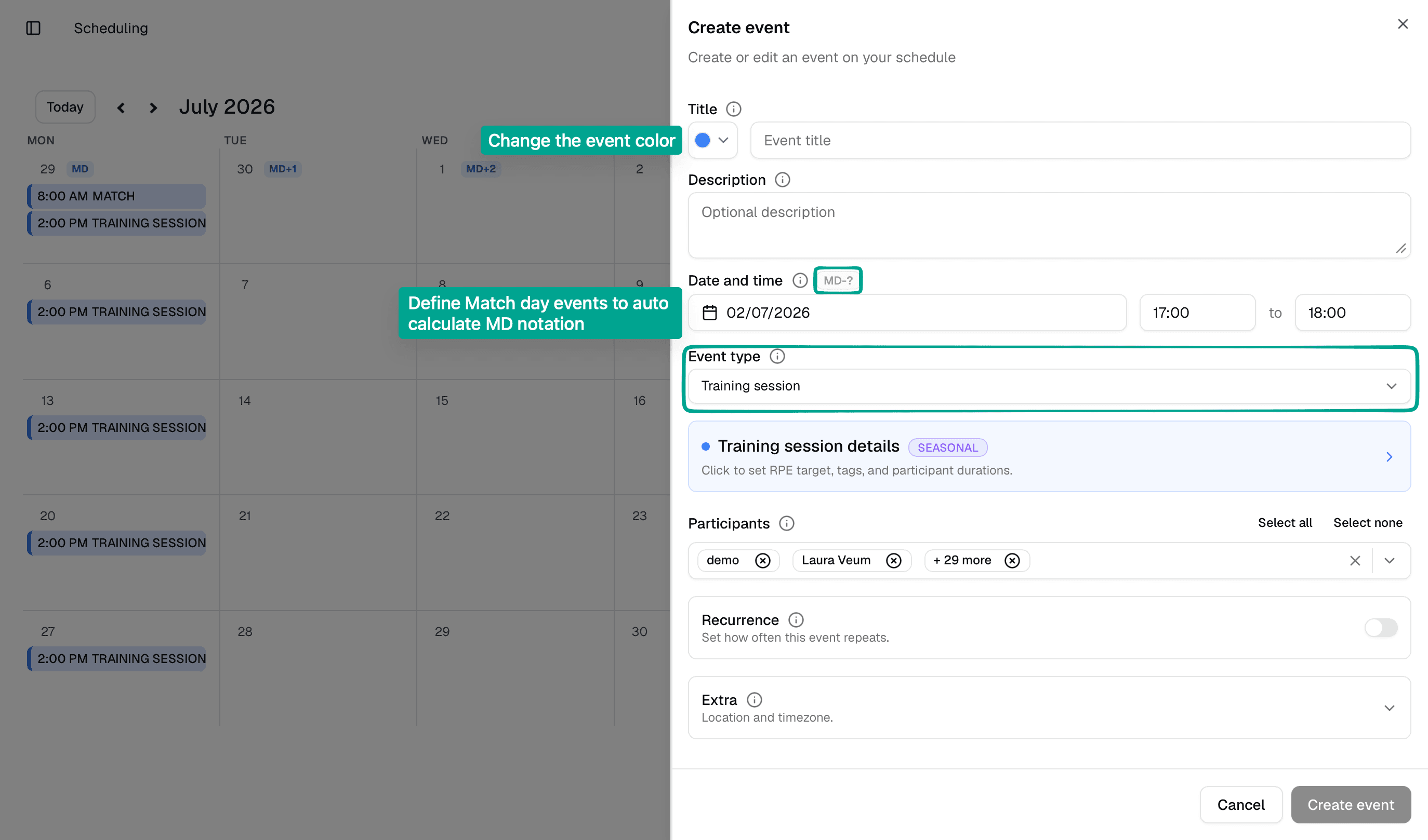 Event form showing color and match-day type controls.