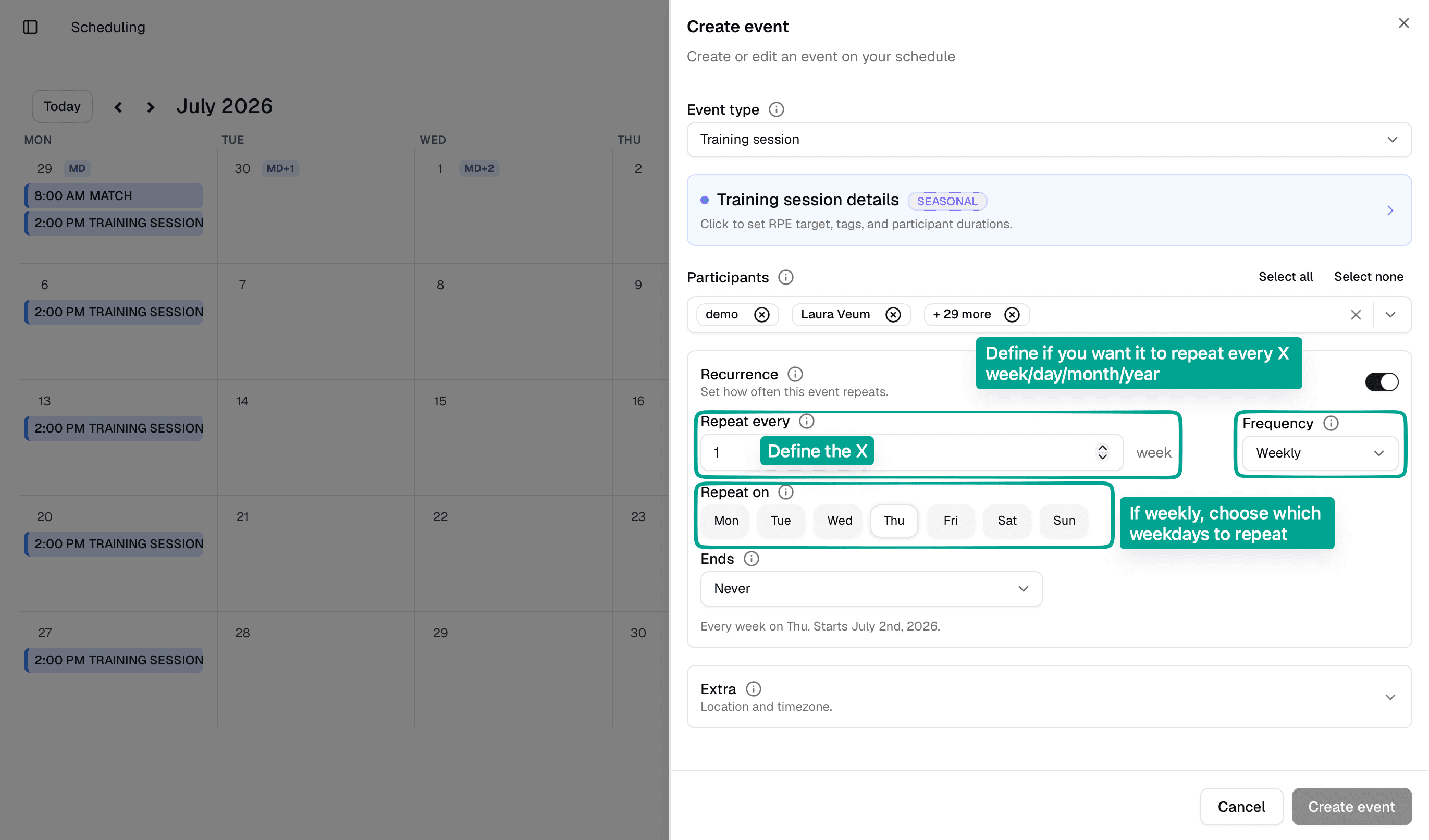 Scheduling recurrence controls for a repeated event.