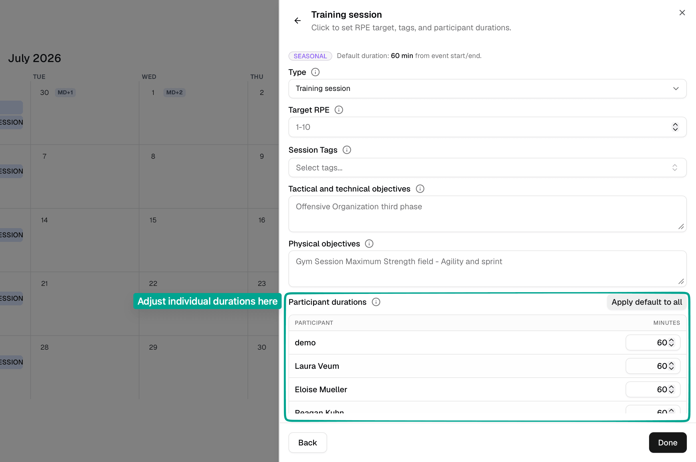 Training session details form with training time fields.