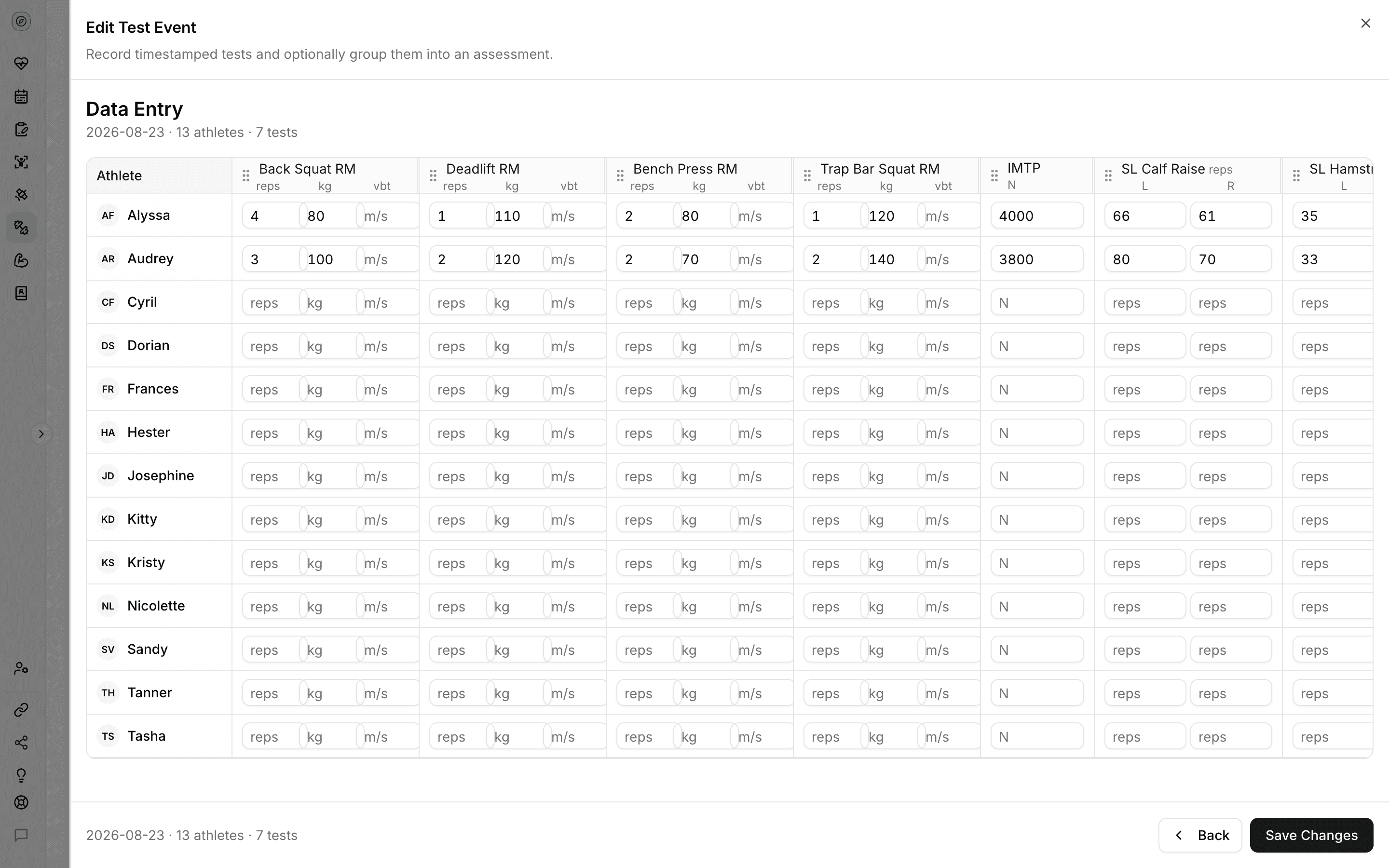 Fractall test entry grid for a strength session, with reps and load inputs for each lift plus the IMTP and single leg tests