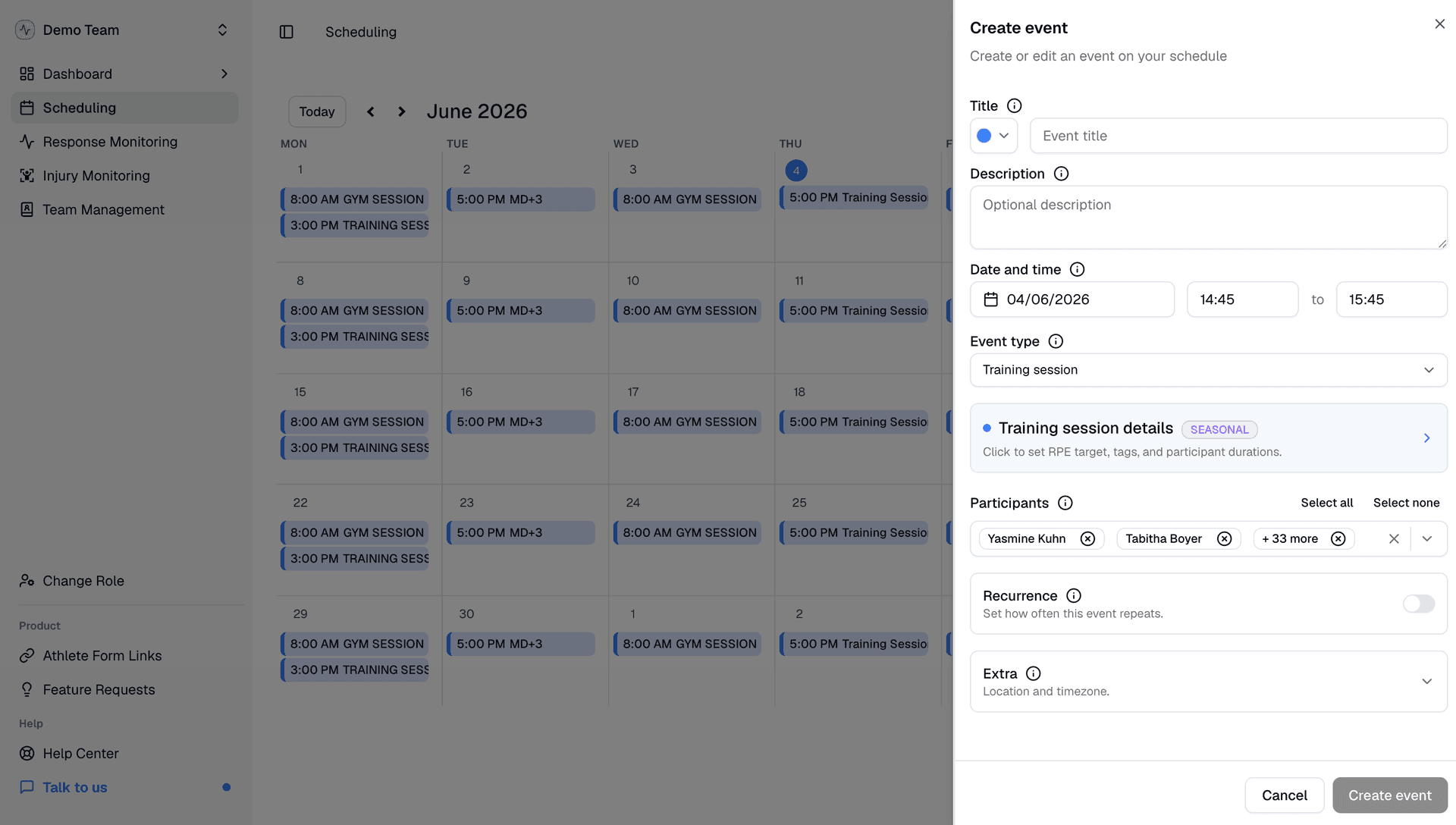 Fractall scheduling interface — calendar view with session creation modal open, showing participants and recurrence options
