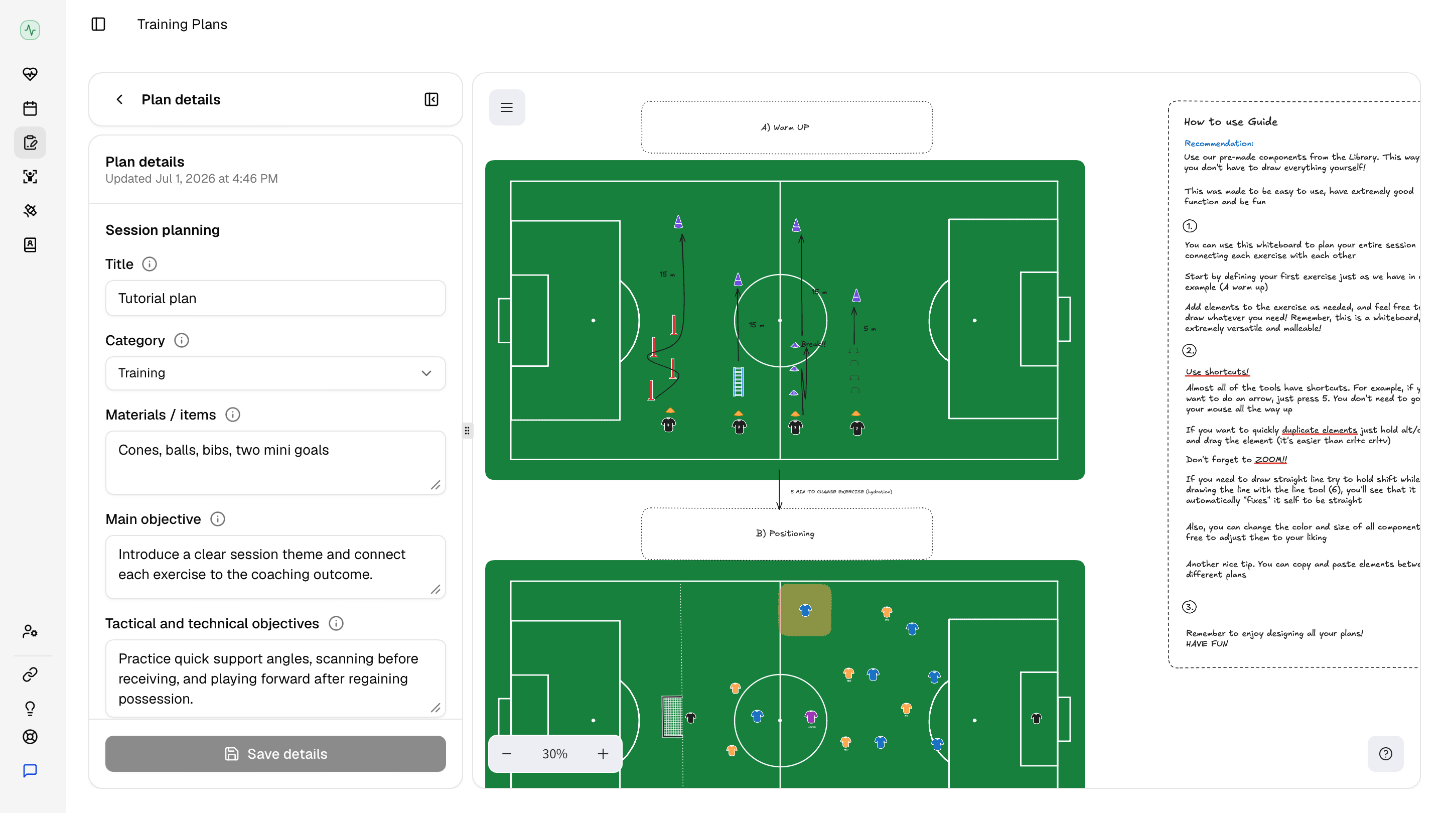Plan d'entraînement Fractall avec un tableau tactique et une liste d'exercices